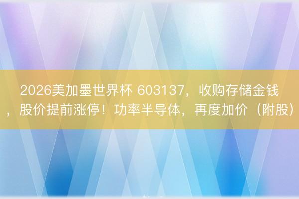 2026美加墨世界杯 603137，收购存储金钱，股价提前涨停！功率半导体，再度加价（附股）